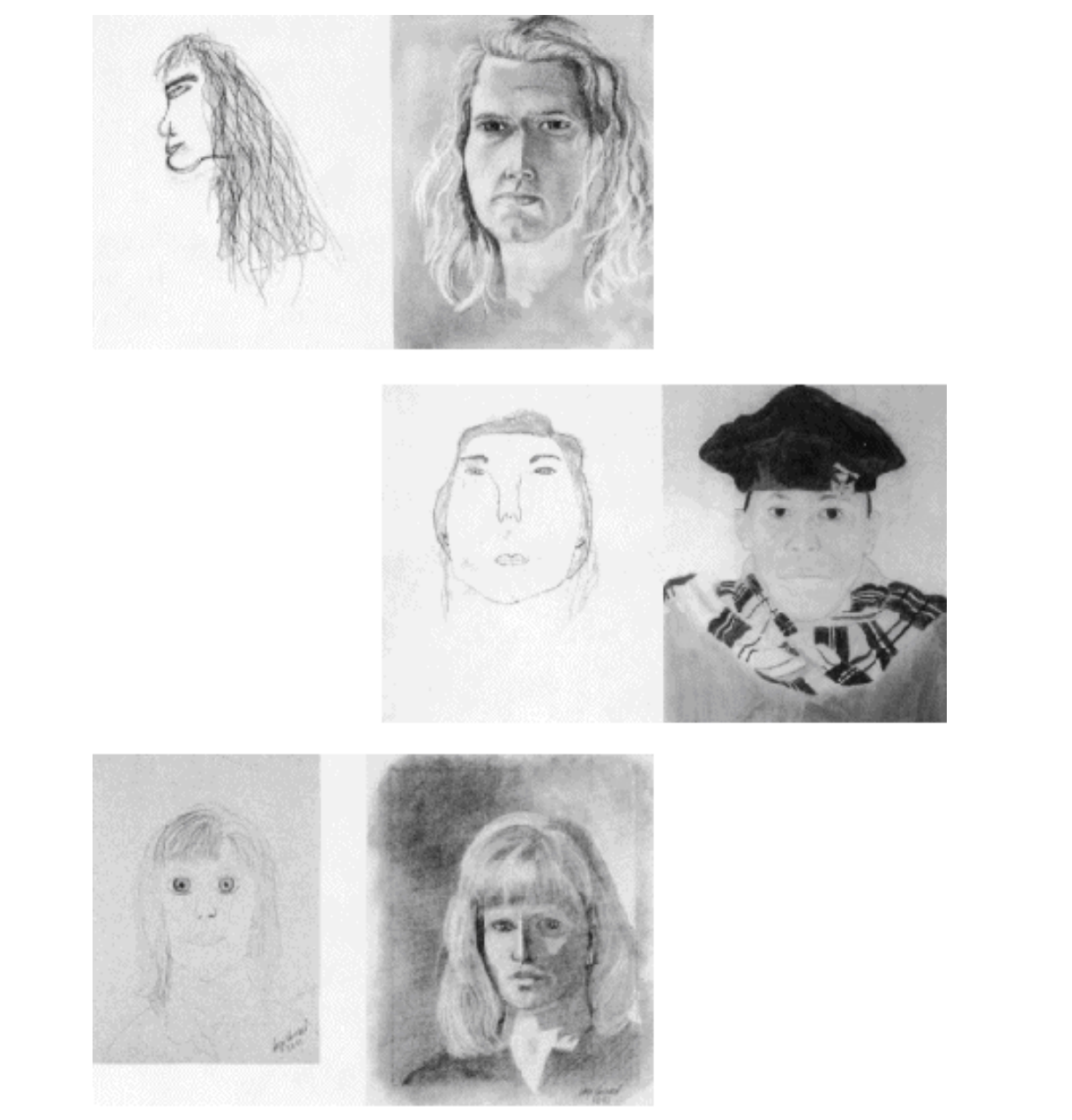 two self portraits before and after a drawing course. the pictures on the left look child-like, the pictures on the right look really detailed with light and shadows.